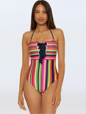 NWT Trina Turk Anniversary Stripe Corset Lace-Up Halter Neck One Piece Swimsuit